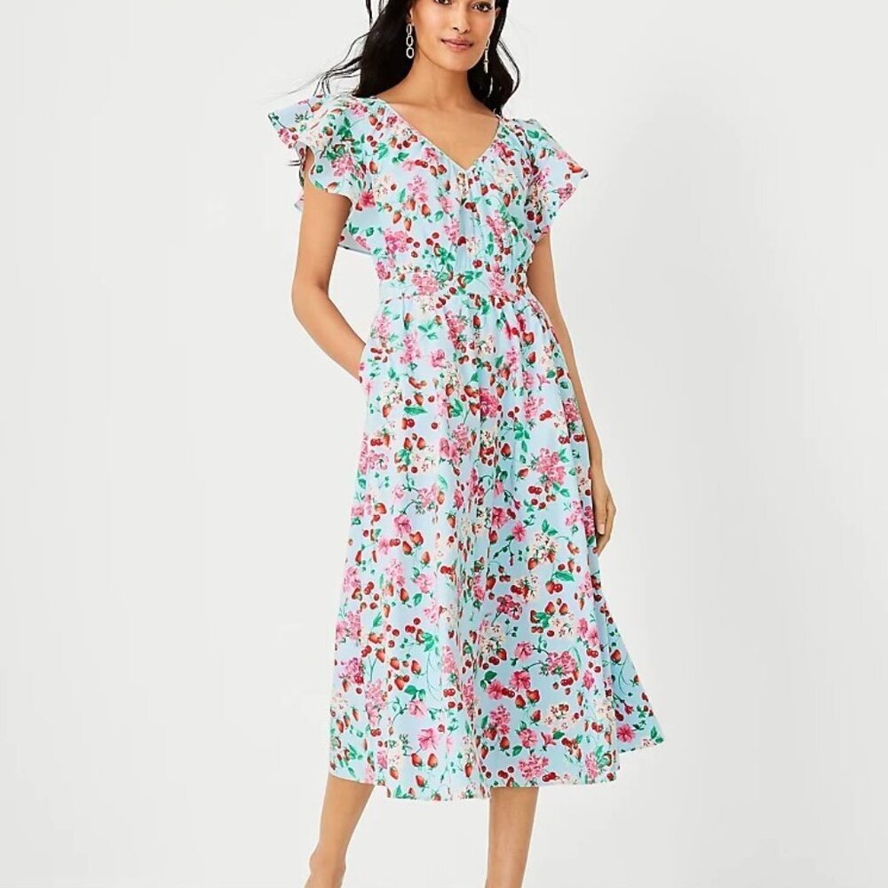 Ann Taylor Flutter Sleeve Flare Cottagecore Blue Strawberry Print Dress